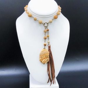 Carol Su 32" Lariat Necklace Jasper Stone Beads Earth Tone Faux Suede 7" Tassel